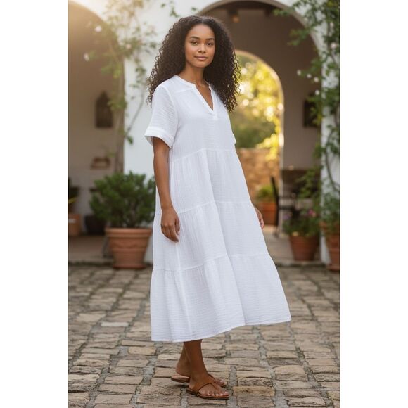 Chico’s 100% Cotton Gauze White Tiered V-Neck Midi Dress NWT - Picture 2 of 7